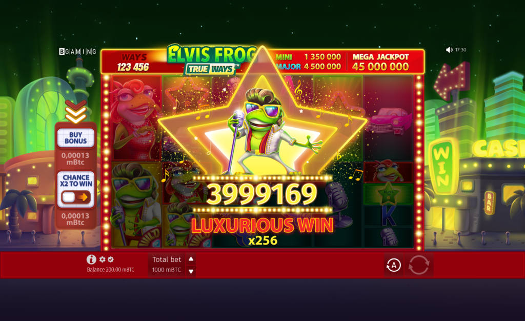 Elvis Frog TrueWays – base game reels with Lady Frog and Wild symbols